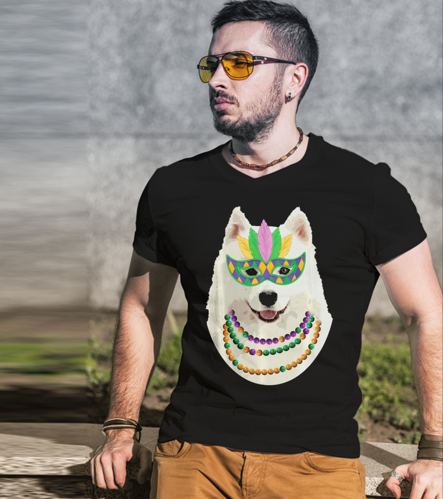American Eskimo Dog Mardi Gras Mask Beads T-Shirt