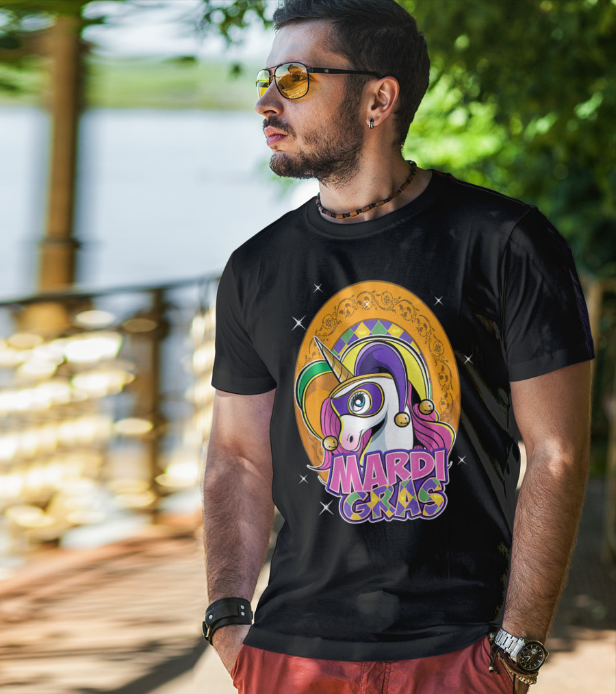 Mardi Gras Unicorn Mask Jester With Colorful Headpiece And Stars T-Shirt