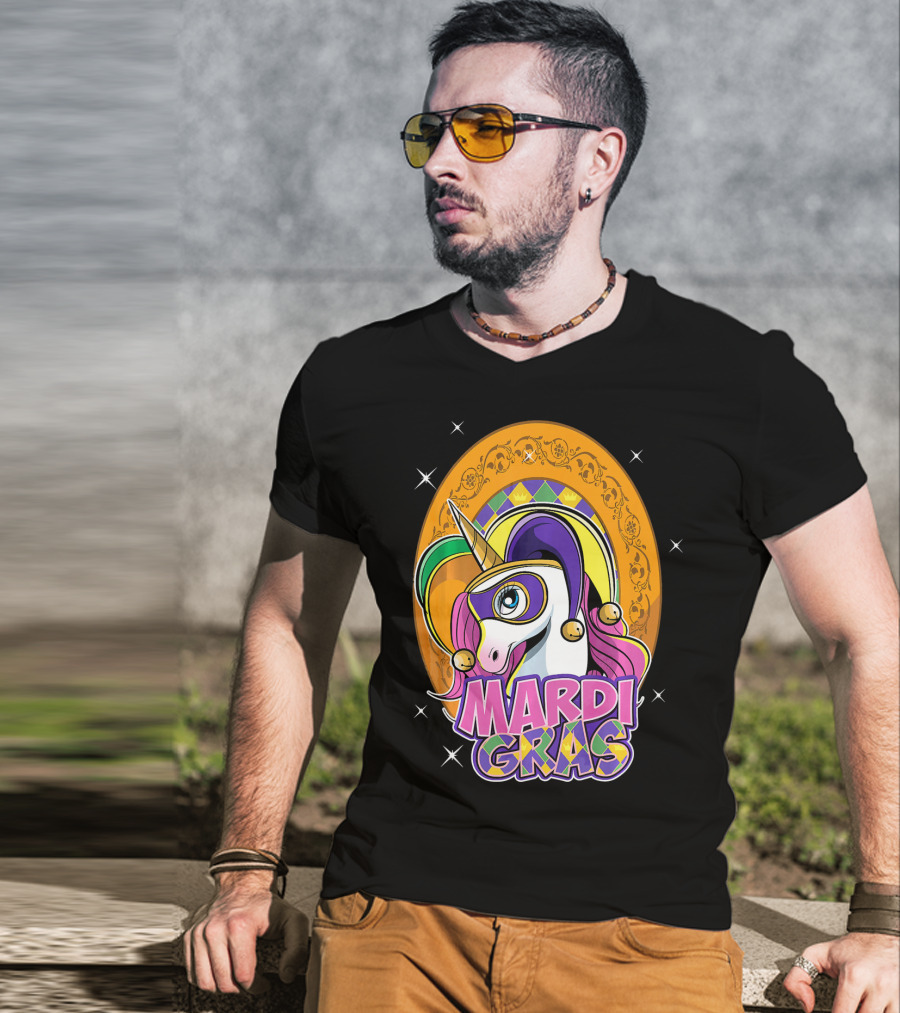 Mardi Gras Unicorn Mask Jester With Colorful Headpiece And Stars T-Shirt
