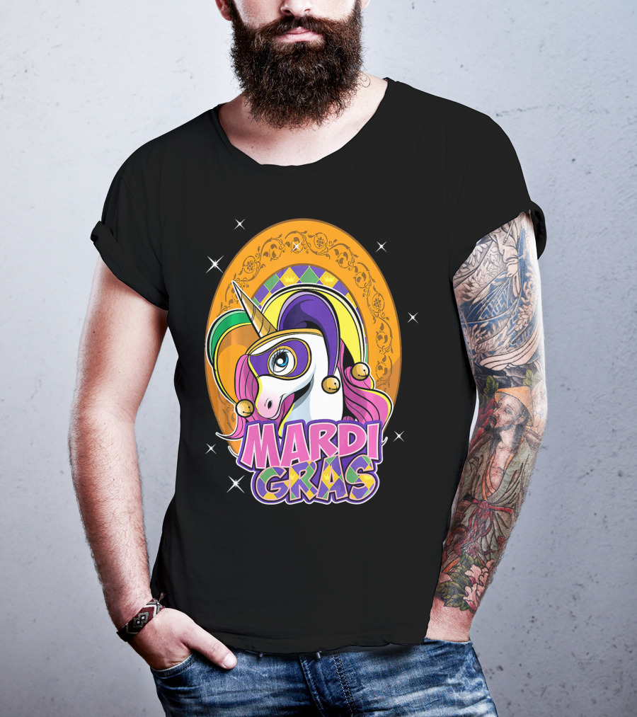 Mardi Gras Unicorn Mask Jester With Colorful Headpiece And Stars T-Shirt