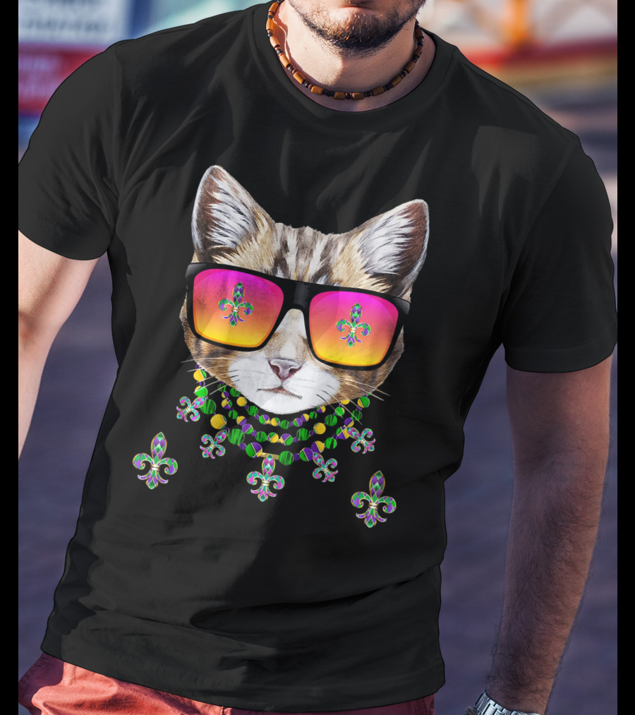 Mardi Gras Cat With Beads And Sunglasses Fleur-de-lis Icons T-Shirt