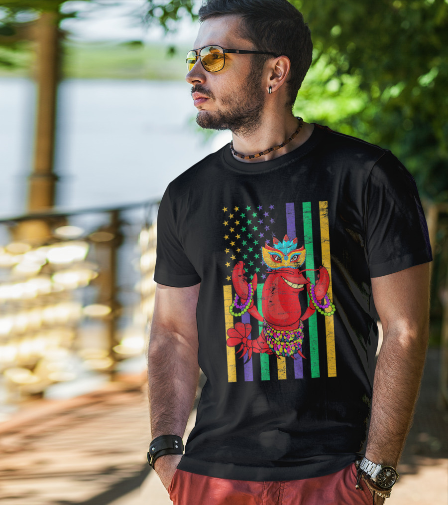 Funny Mardi Gras Crawfish In Bead Jester Hat With Colorful Star Stripes T-Shirt