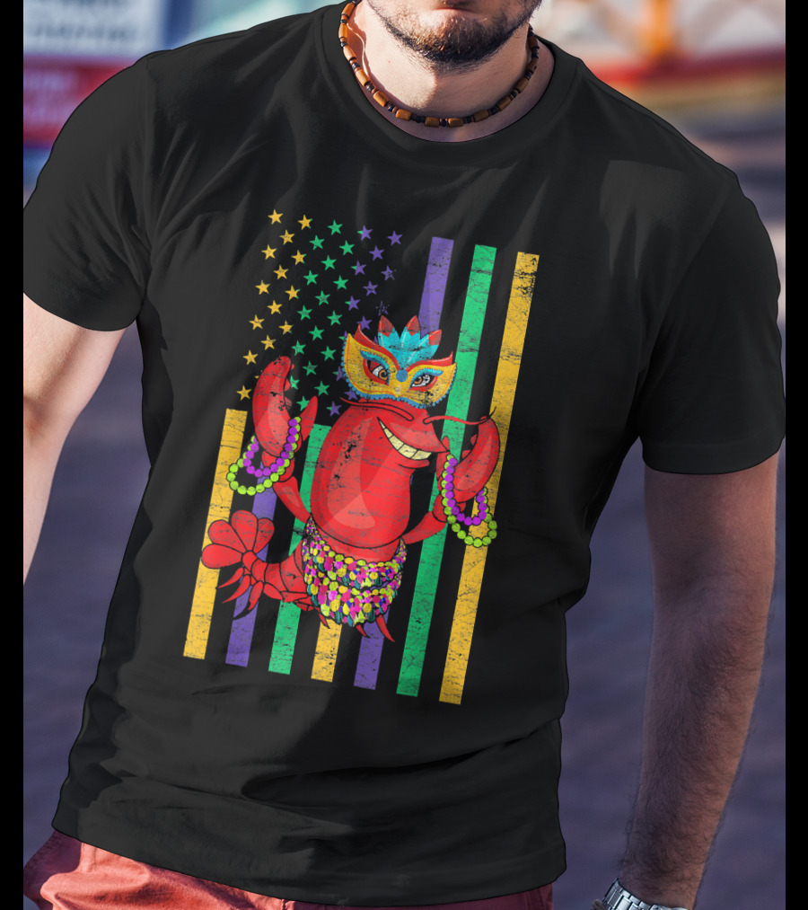 Funny Mardi Gras Crawfish In Bead Jester Hat With Colorful Star Stripes T-Shirt