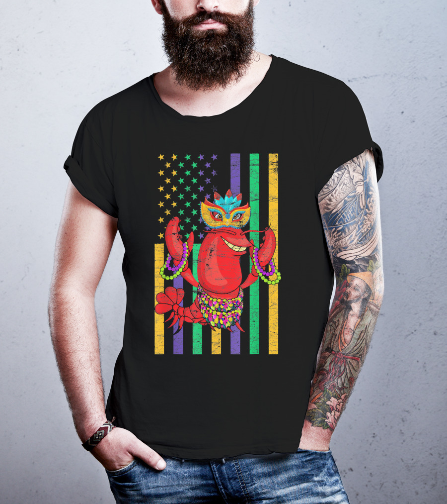 Funny Mardi Gras Crawfish In Bead Jester Hat With Colorful Star Stripes T-Shirt