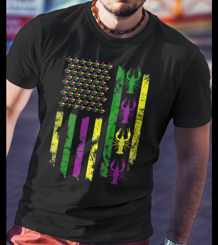 Mardi Gras Fleur-de-Lis Crawfish Flag In Purple Green Gold T-Shirt