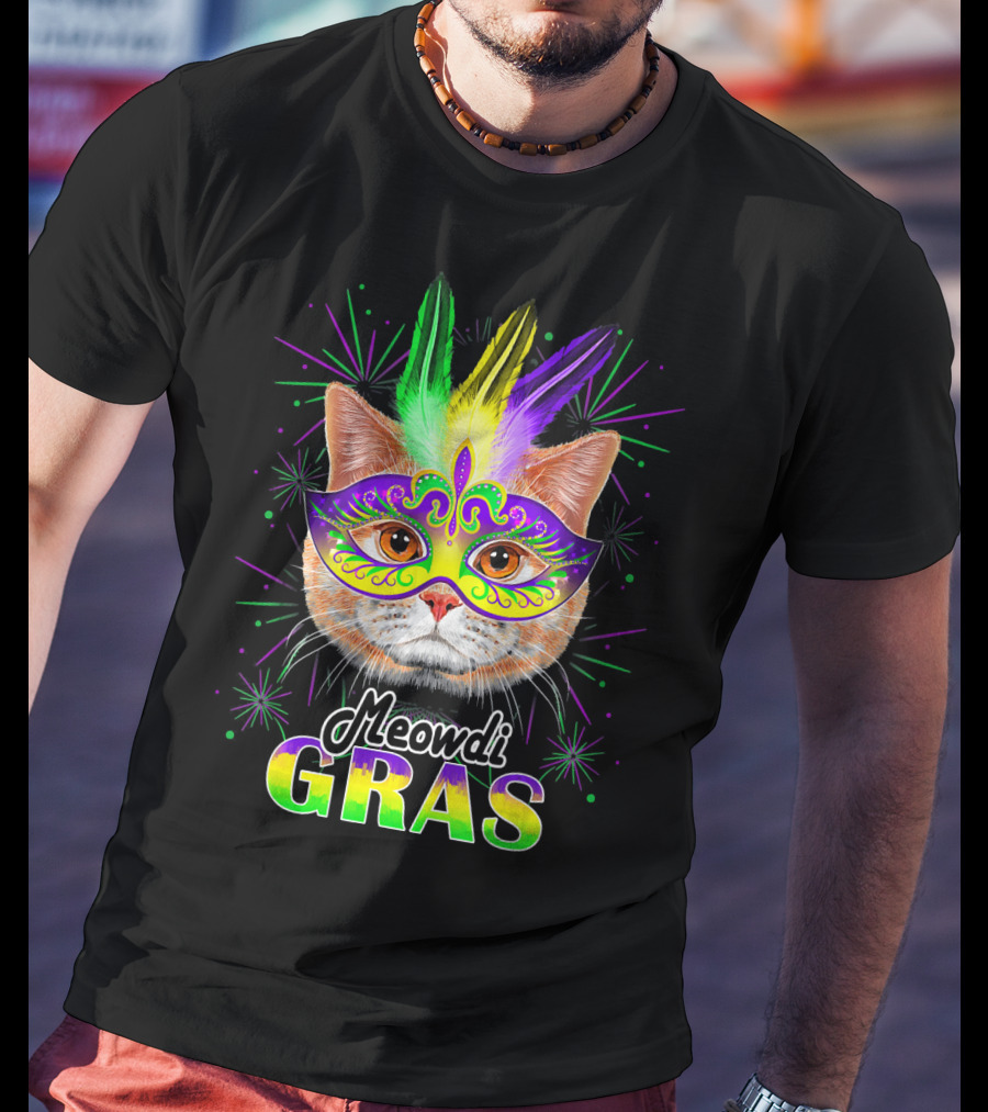 Meowdi Gras Mardi Gras Cat With Colorful Mask And Feathers T-Shirt