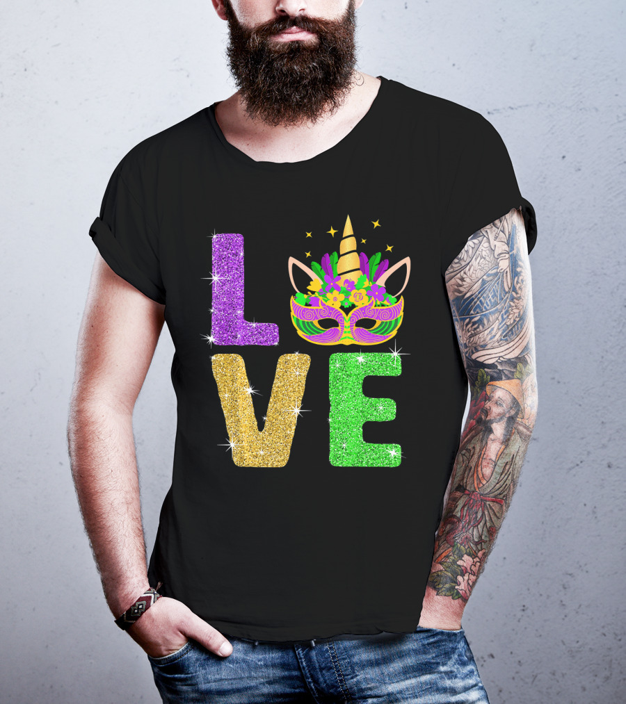Unicorn Masquerade Mask Mardi Gras Love T-Shirt