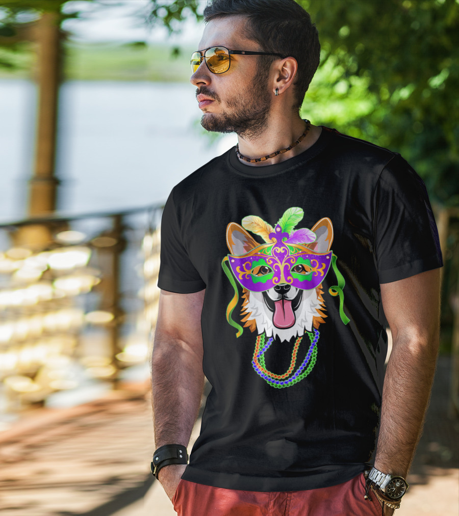 Mardi Gras Corgi Mask With Colorful Beads And Feathers T-Shirt