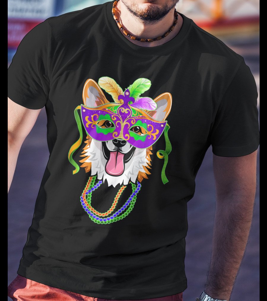 Mardi Gras Corgi Mask With Colorful Beads And Feathers T-Shirt