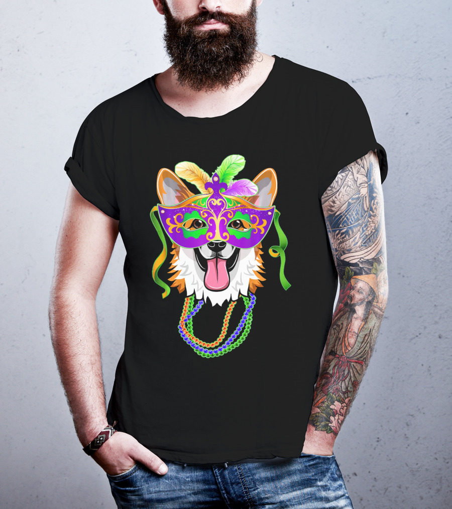 Mardi Gras Corgi Mask With Colorful Beads And Feathers T-Shirt