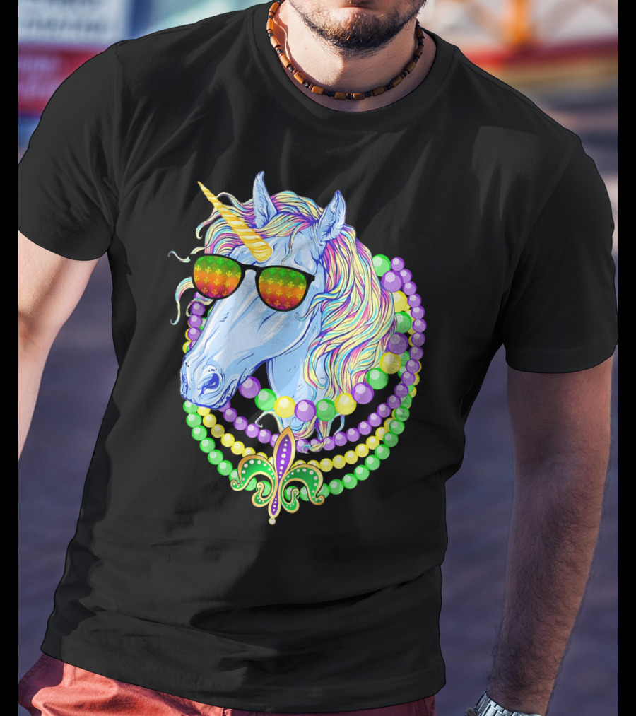 Unicorn With Sunglasses And Colorful Beads Featuring Fleur-de-Lis For Mardi Gras T-Shirt