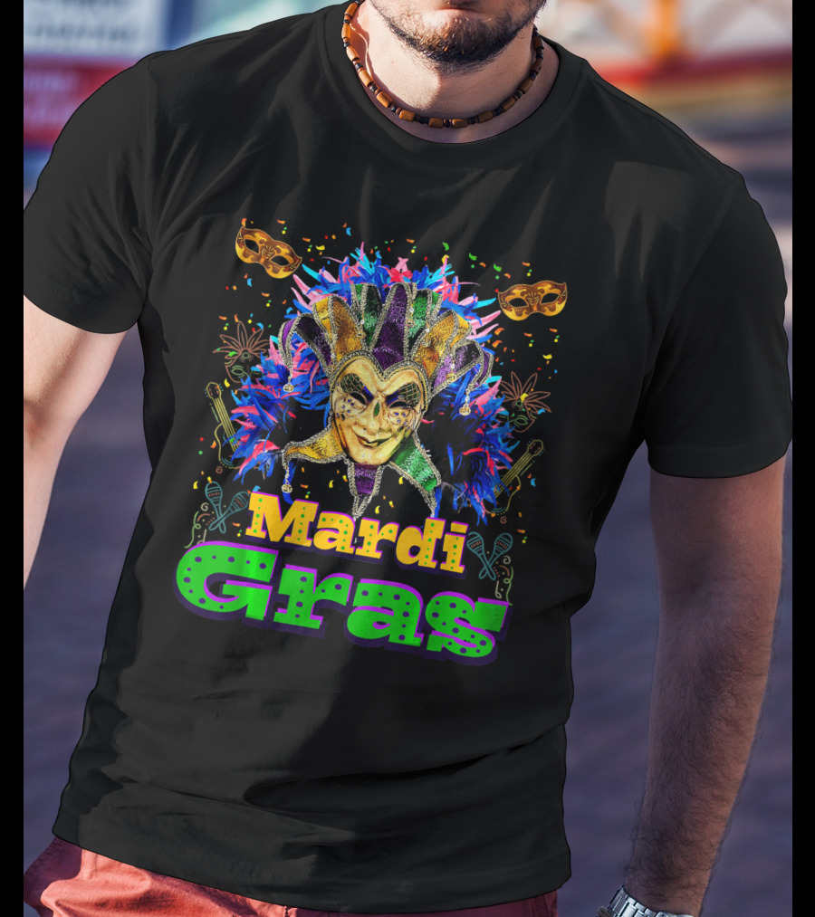 Mardi Gras New Orleans Mask Bead Colorful Jester Carnival T-Shirt