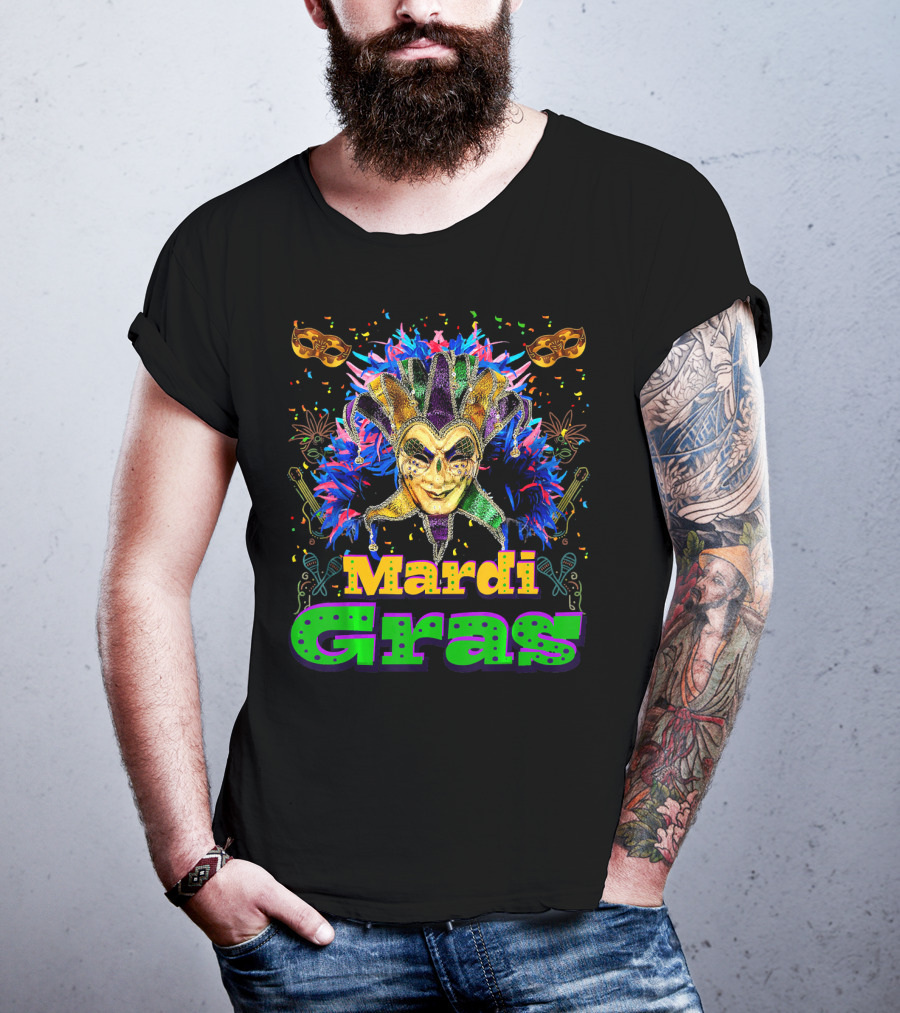 Mardi Gras New Orleans Mask Bead Colorful Jester Carnival T-Shirt