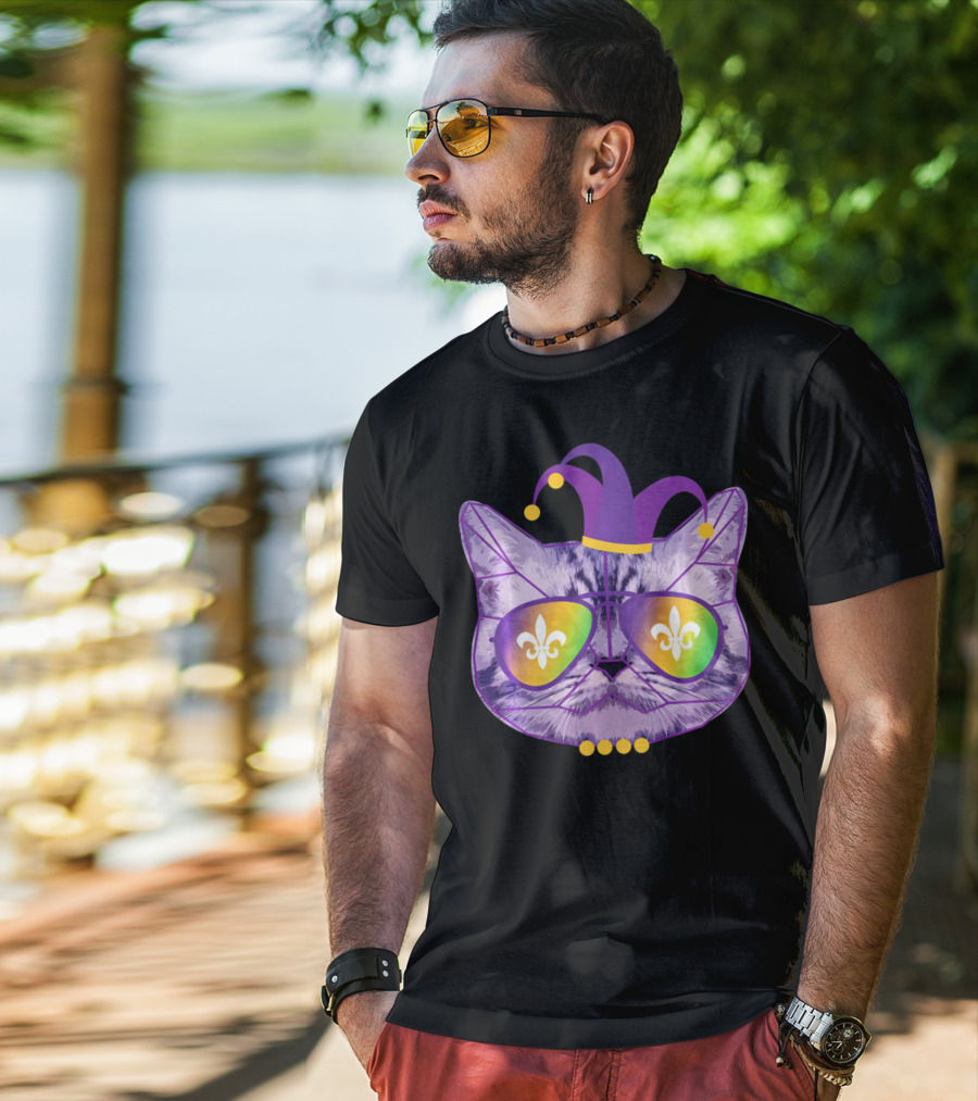 Funny Cat Jester Mask Sunglasses Cat Lover Fleur-de-lis T-Shirt