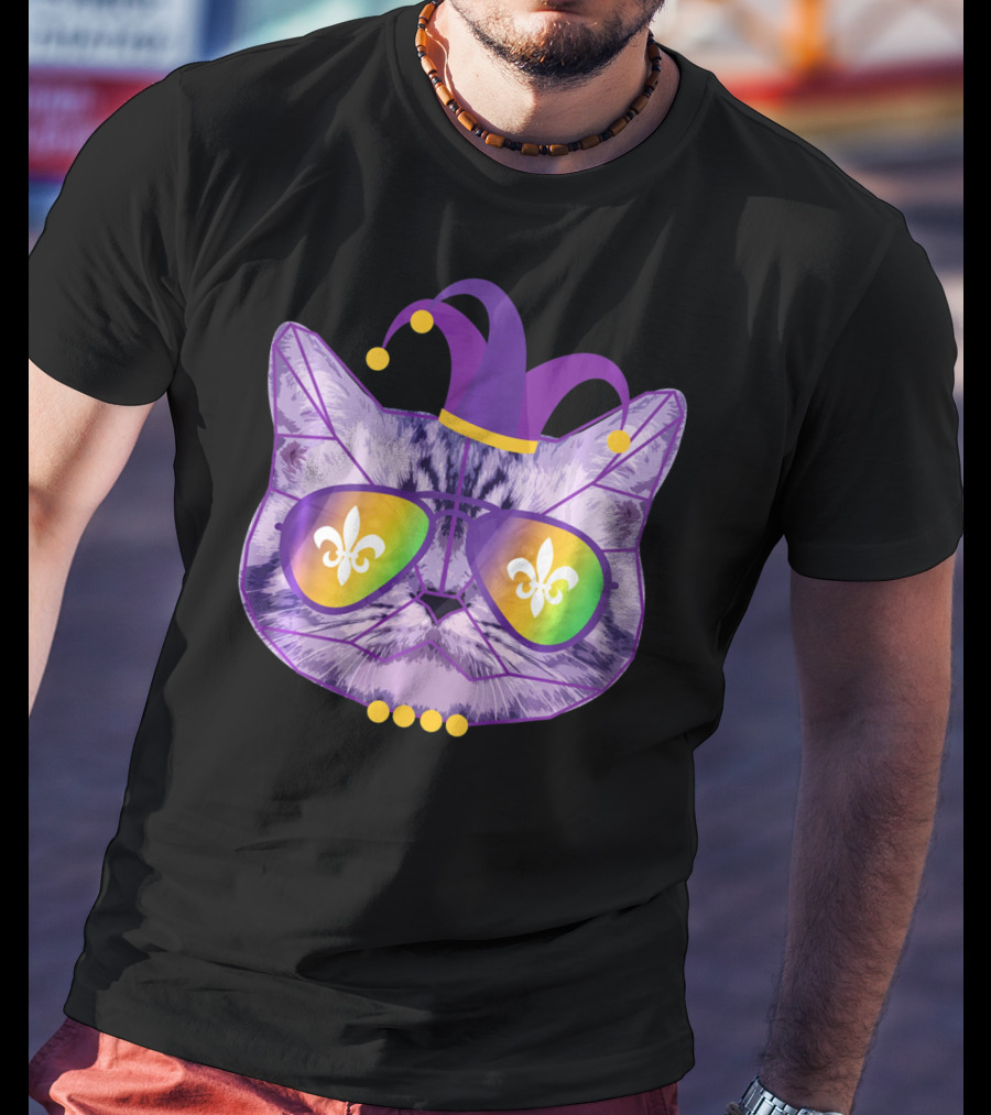 Funny Cat Jester Mask Sunglasses Cat Lover Fleur-de-lis T-Shirt