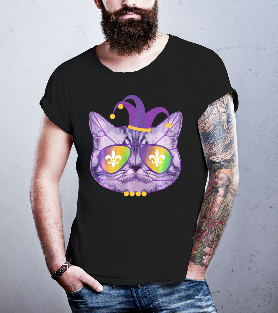 Funny Cat Jester Mask Sunglasses Cat Lover Fleur-de-lis T-Shirt