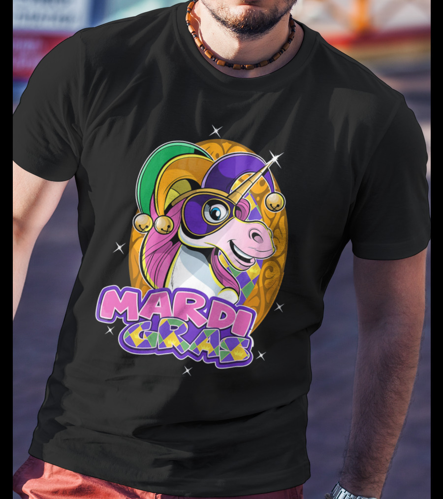 Mardi Gras Unicorn With Jester Hat And Masquerade Mask T-Shirt