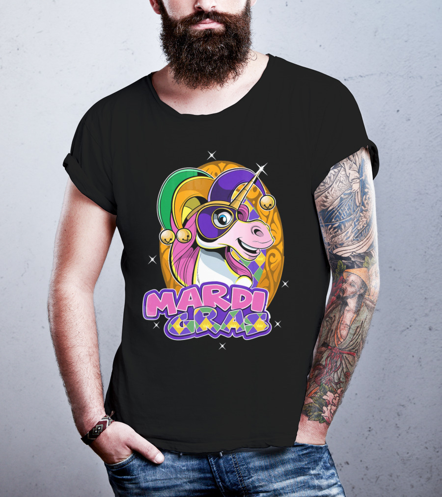 Mardi Gras Unicorn With Jester Hat And Masquerade Mask T-Shirt