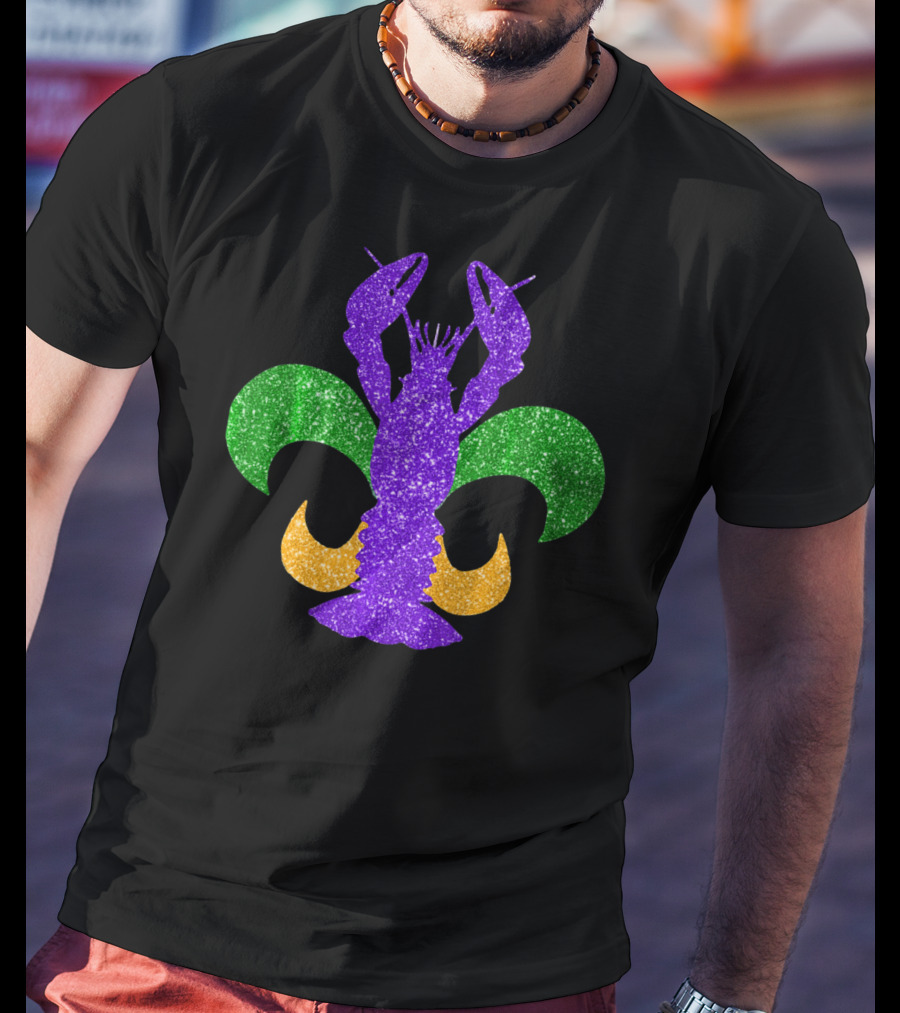 Awesome Mardi Gras Fleur De Lis Crawfish Glitter T-Shirt