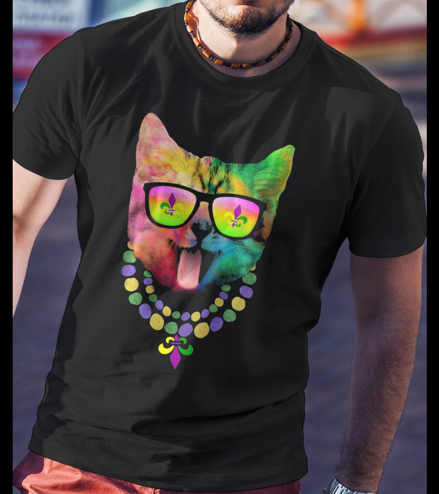 Cool Cat Mardi Gras Costume With Colorful Beads And Sunglasses Fleur-de-Lis T-Shirt