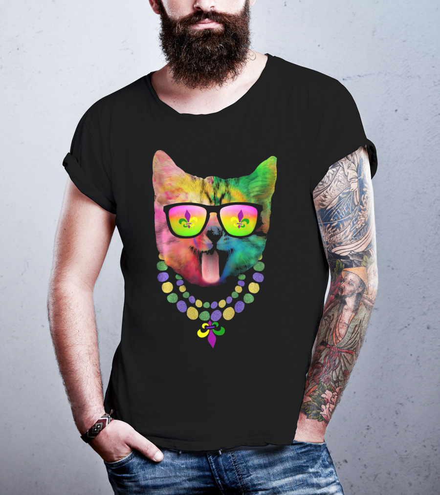 Cool Cat Mardi Gras Costume With Colorful Beads And Sunglasses Fleur-de-Lis T-Shirt