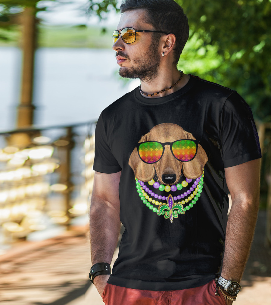 Mardi Gras Dachshund Beads Fleur-de-Lis Sunglasses T-Shirt