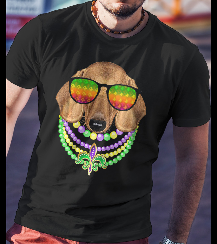 Mardi Gras Dachshund Beads Fleur-de-Lis Sunglasses T-Shirt