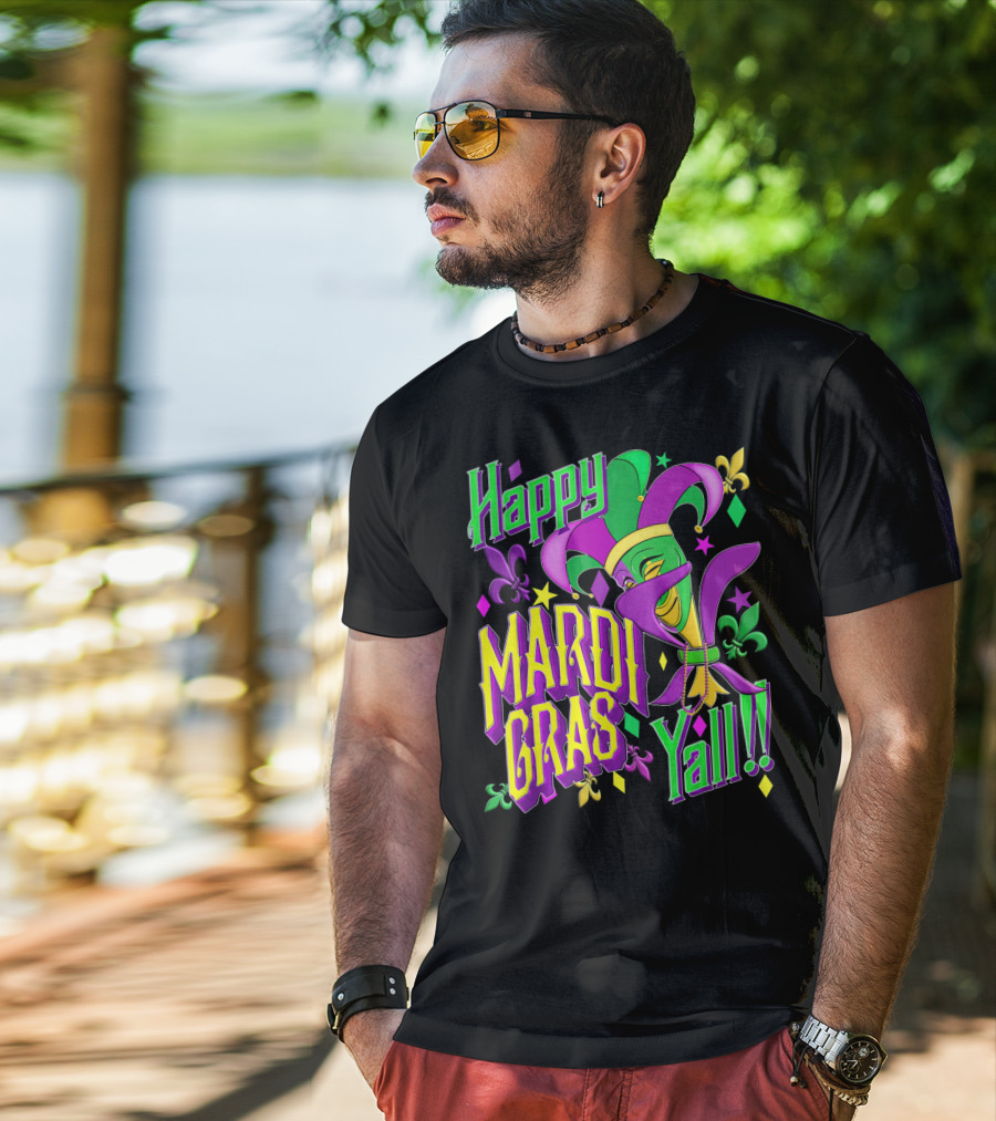 Happy Mardi Gras Yall Jester Mask Fleur De Lis T-Shirt