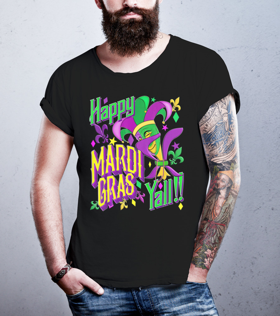Happy Mardi Gras Yall Jester Mask Fleur De Lis T-Shirt