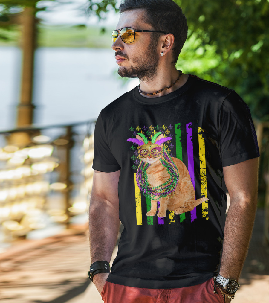 Mardi Gras Cat With Beads And Mask On Fleur-de-Lis American Flag Background T-Shirt