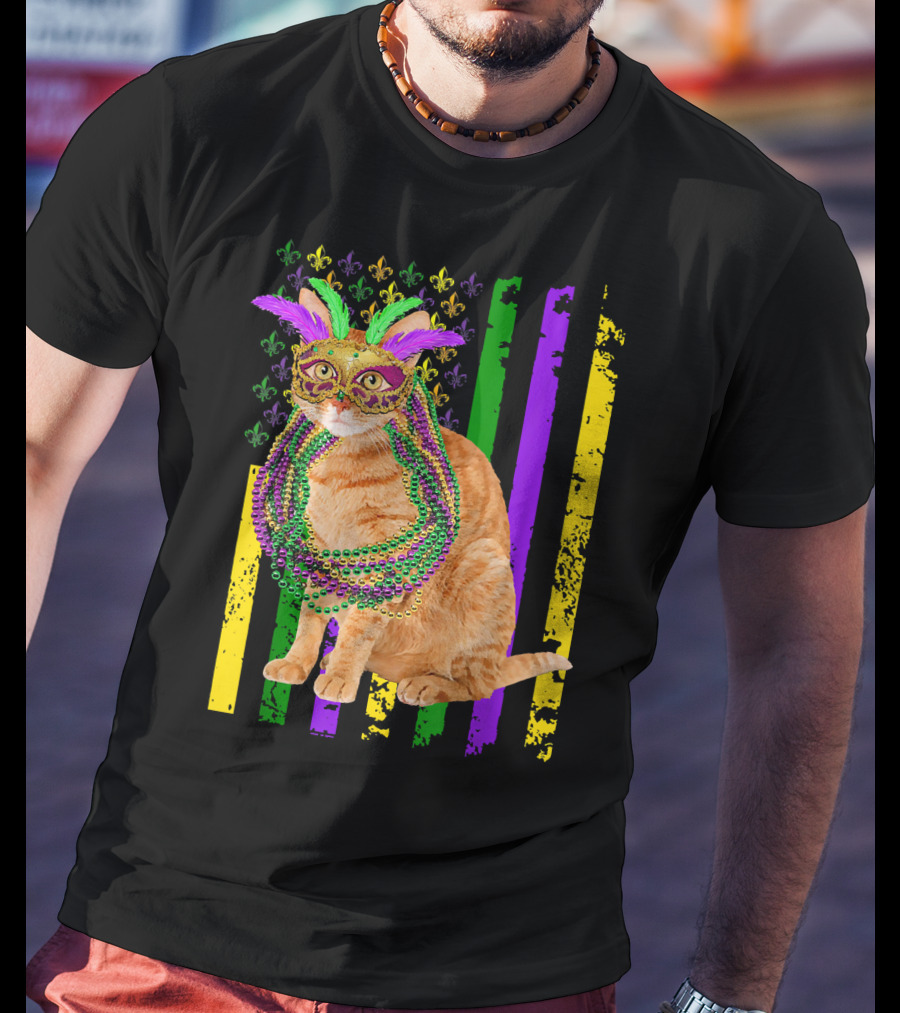 Mardi Gras Cat With Beads And Mask On Fleur-de-Lis American Flag Background T-Shirt