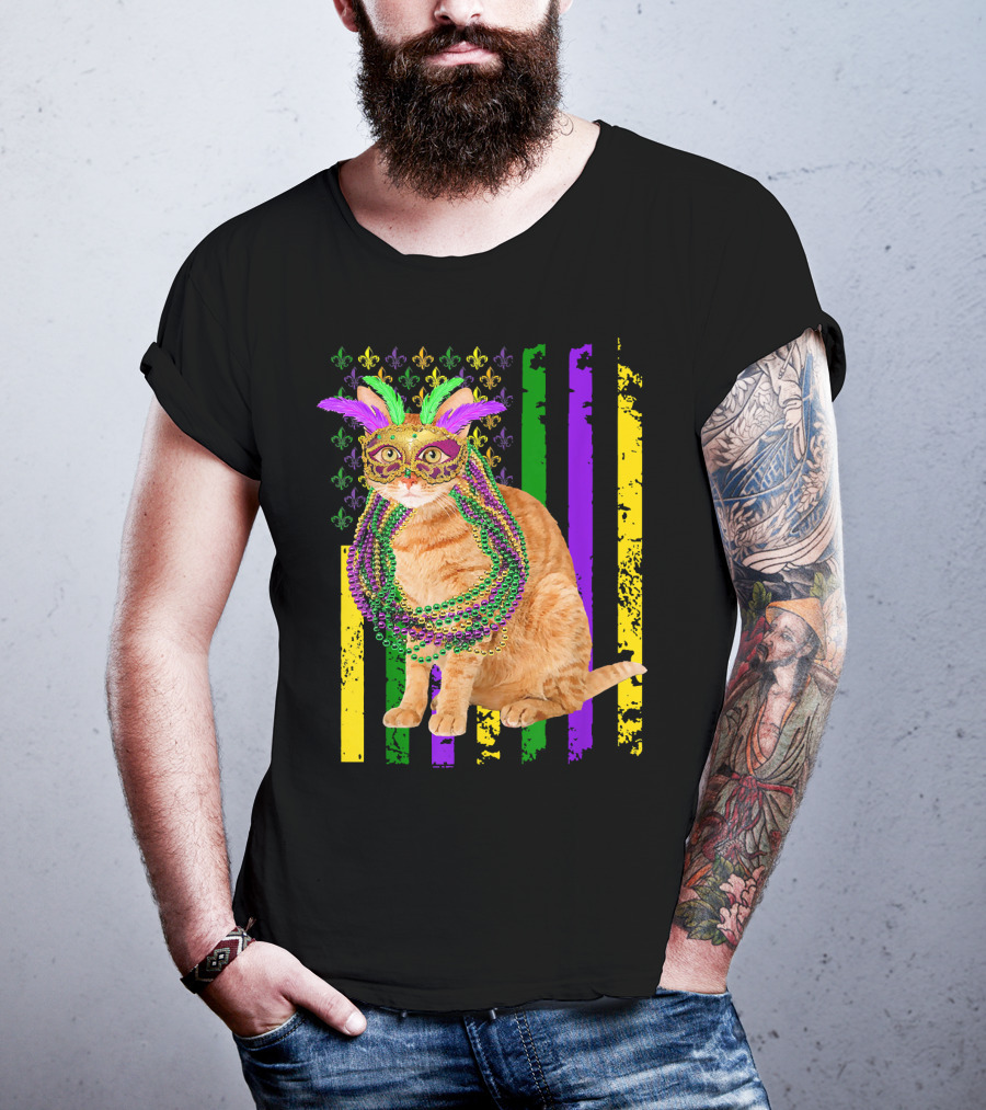 Mardi Gras Cat With Beads And Mask On Fleur-de-Lis American Flag Background T-Shirt