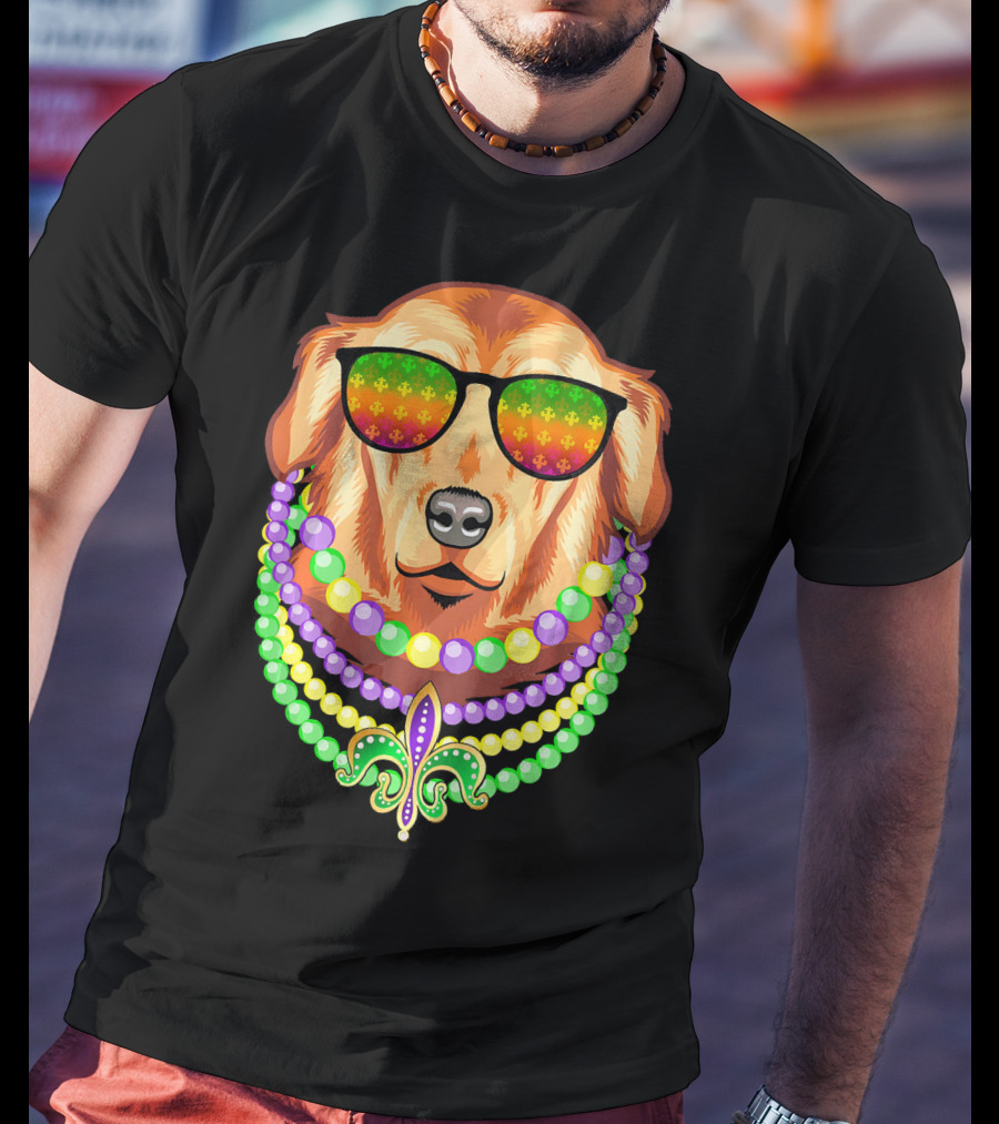 Beads And Golden Retriever Mardi Gras Fleur-de-Lis Colorful Glam Co T-Shirt