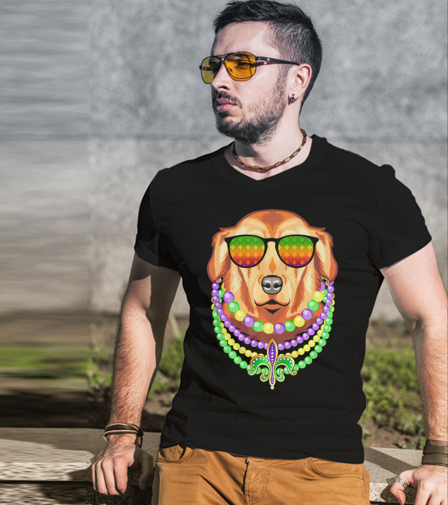 Beads And Golden Retriever Mardi Gras Fleur-de-Lis Colorful Glam Co T-Shirt
