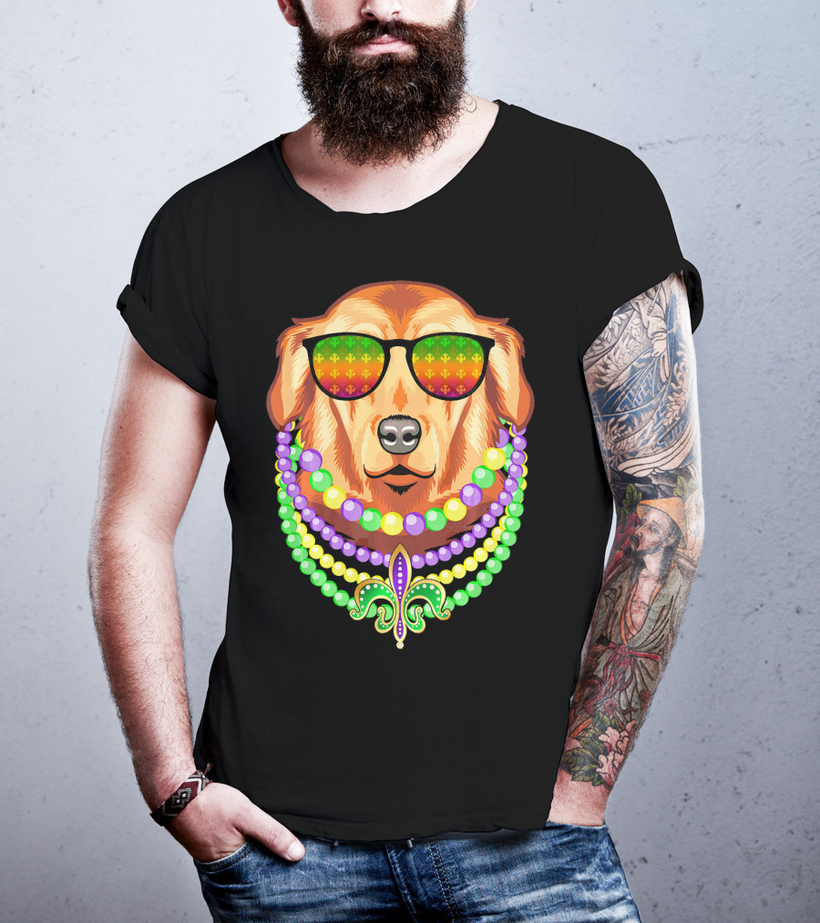 Beads And Golden Retriever Mardi Gras Fleur-de-Lis Colorful Glam Co T-Shirt