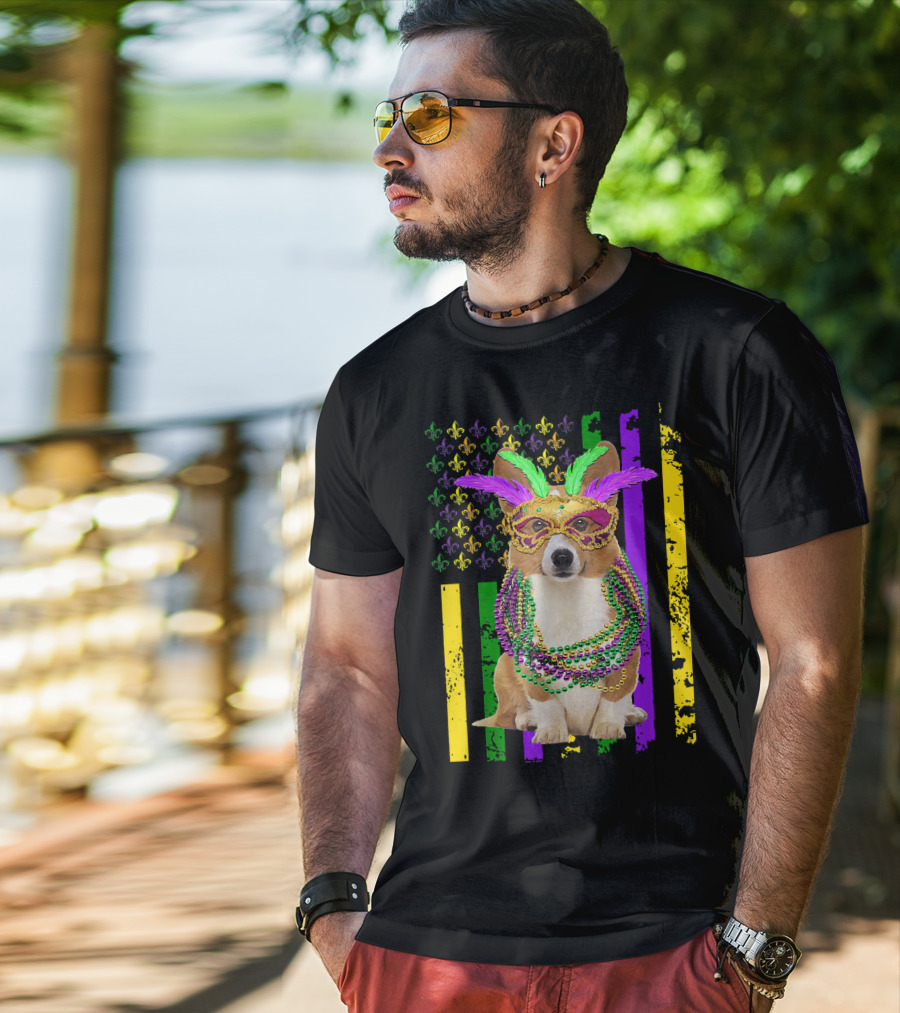 Corgi Mardi Gras American Flag With Beads And Mask T-Shirt