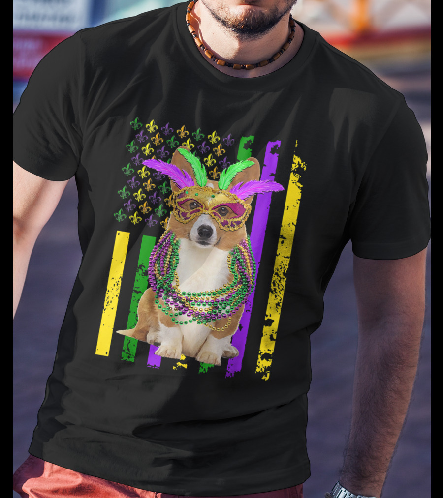 Corgi Mardi Gras American Flag With Beads And Mask T-Shirt