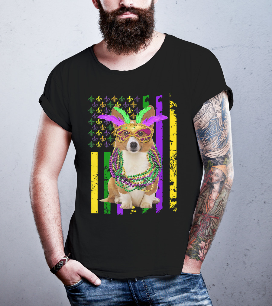 Corgi Mardi Gras American Flag With Beads And Mask T-Shirt