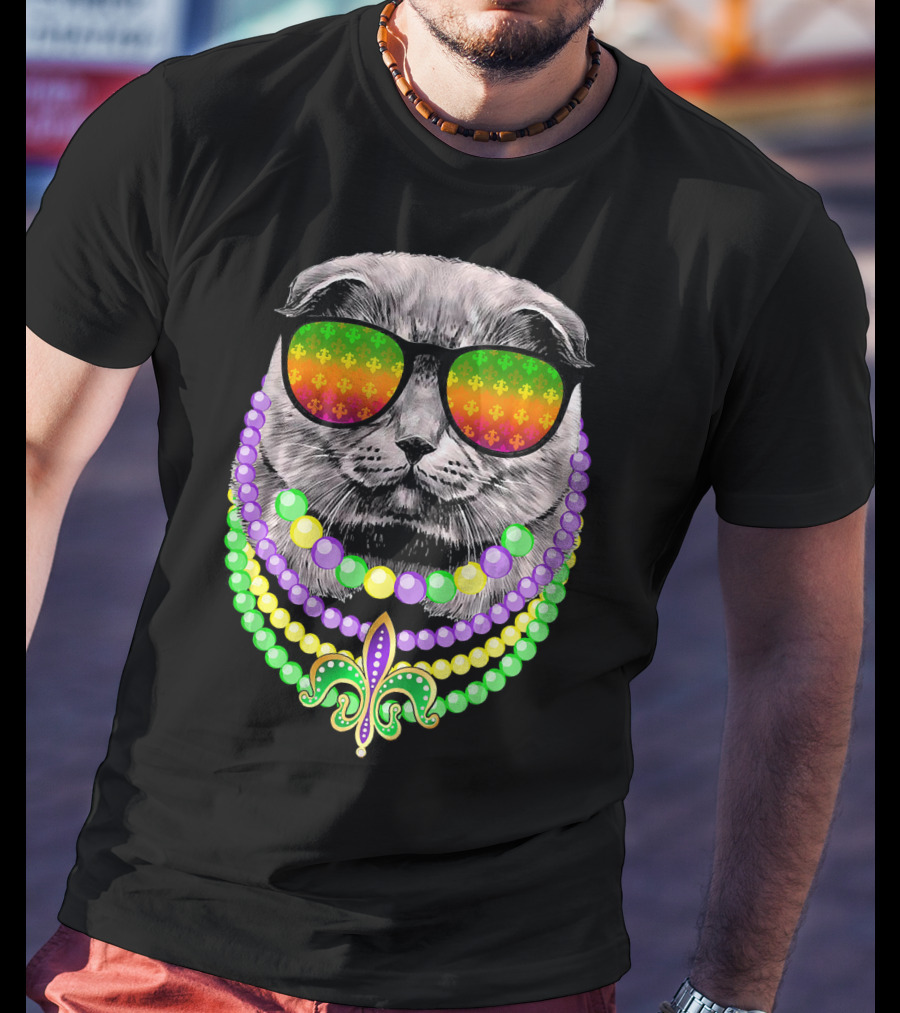 Mardi Gras Cat In Sunglasses With Beads And Fleur-de-Lis T-Shirt
