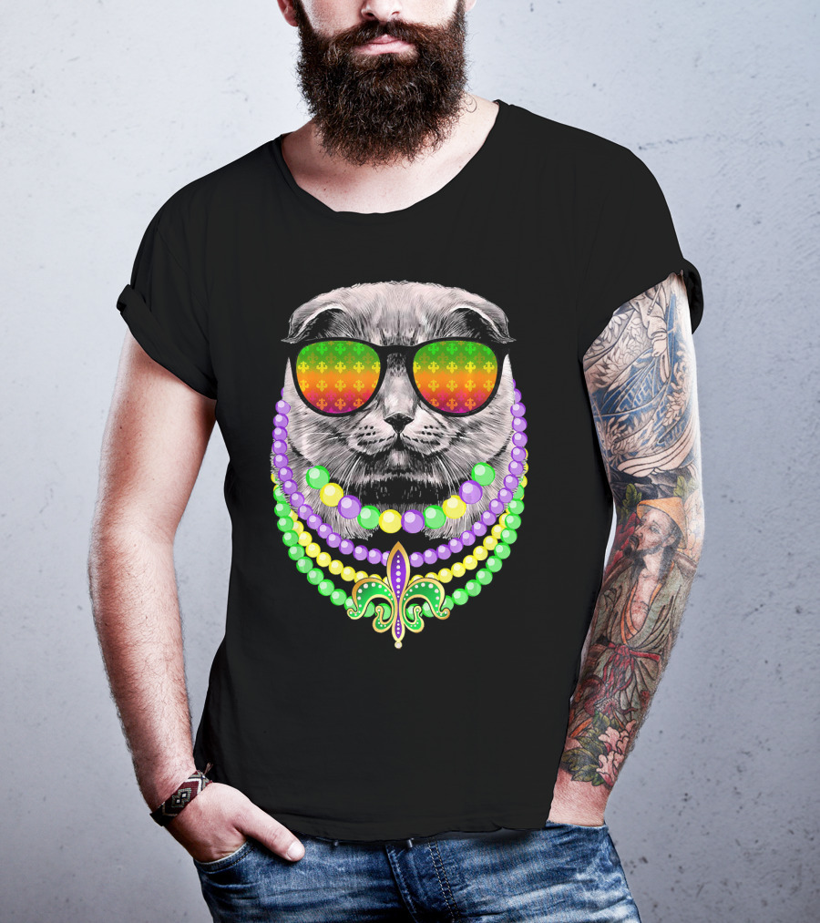 Mardi Gras Cat In Sunglasses With Beads And Fleur-de-Lis T-Shirt