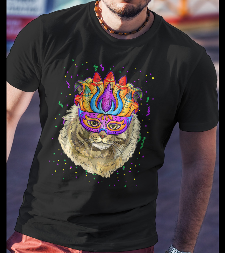 Mardi Gras Maine Coon Cat Colorful Mask Beads Festive T-Shirt