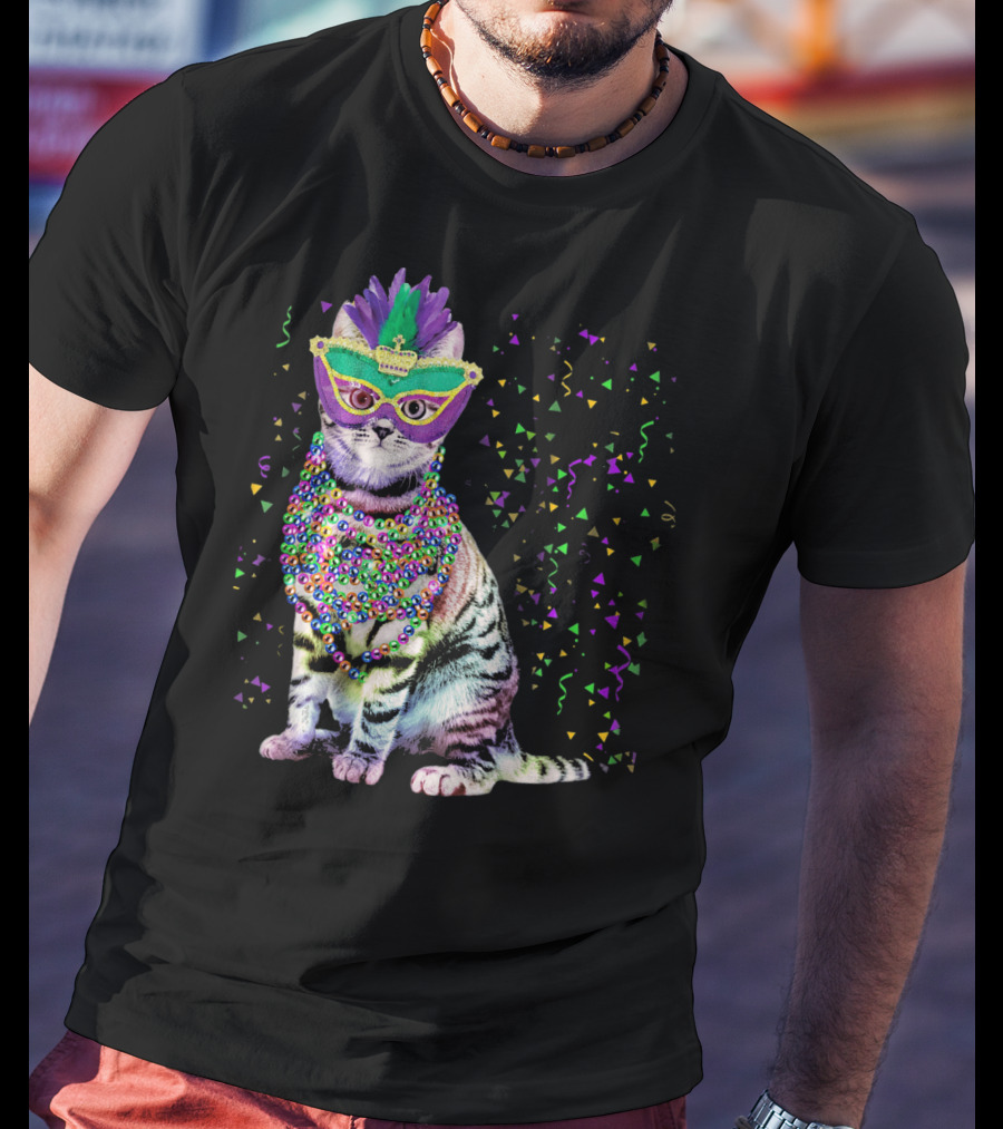 Cat Mardi Gras Beads Confetti Mask T-Shirt