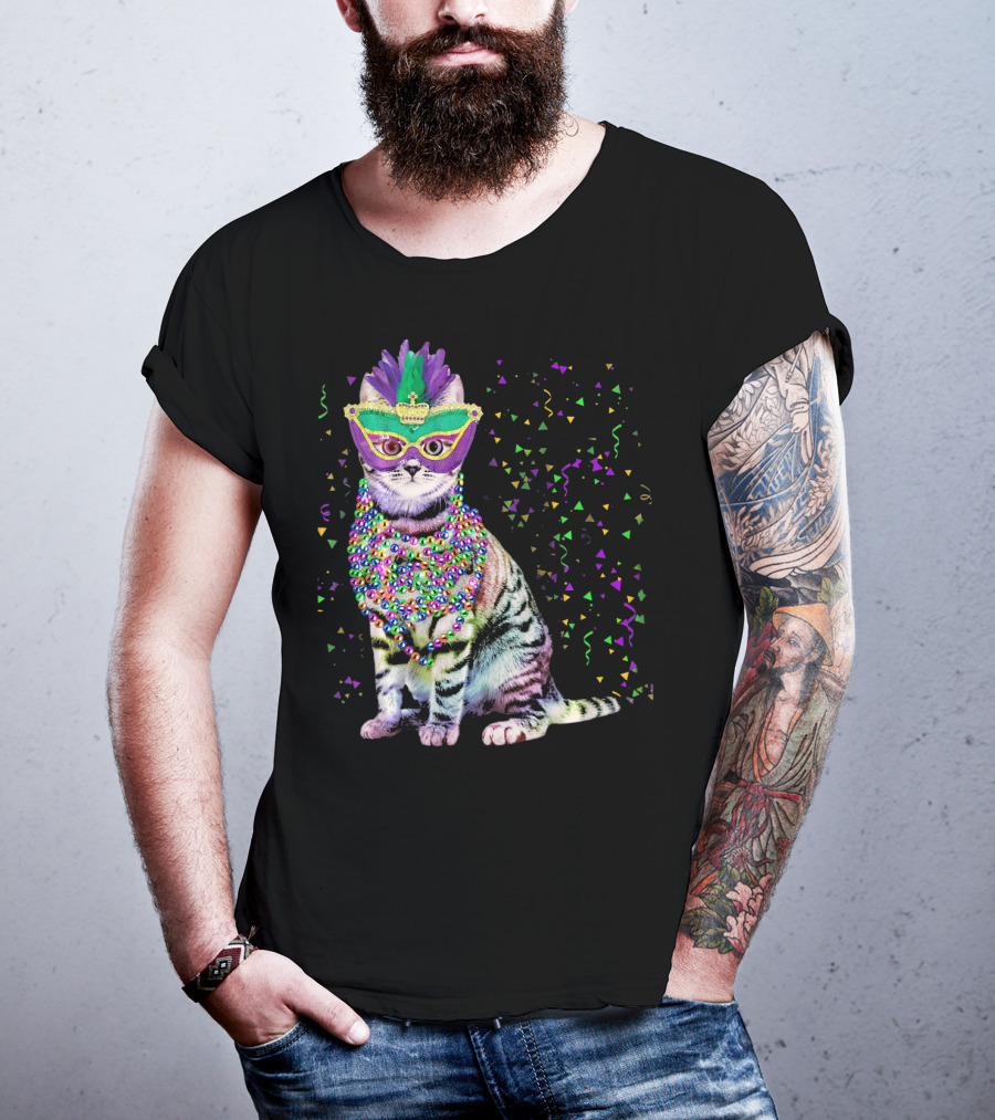Cat Mardi Gras Beads Confetti Mask T-Shirt