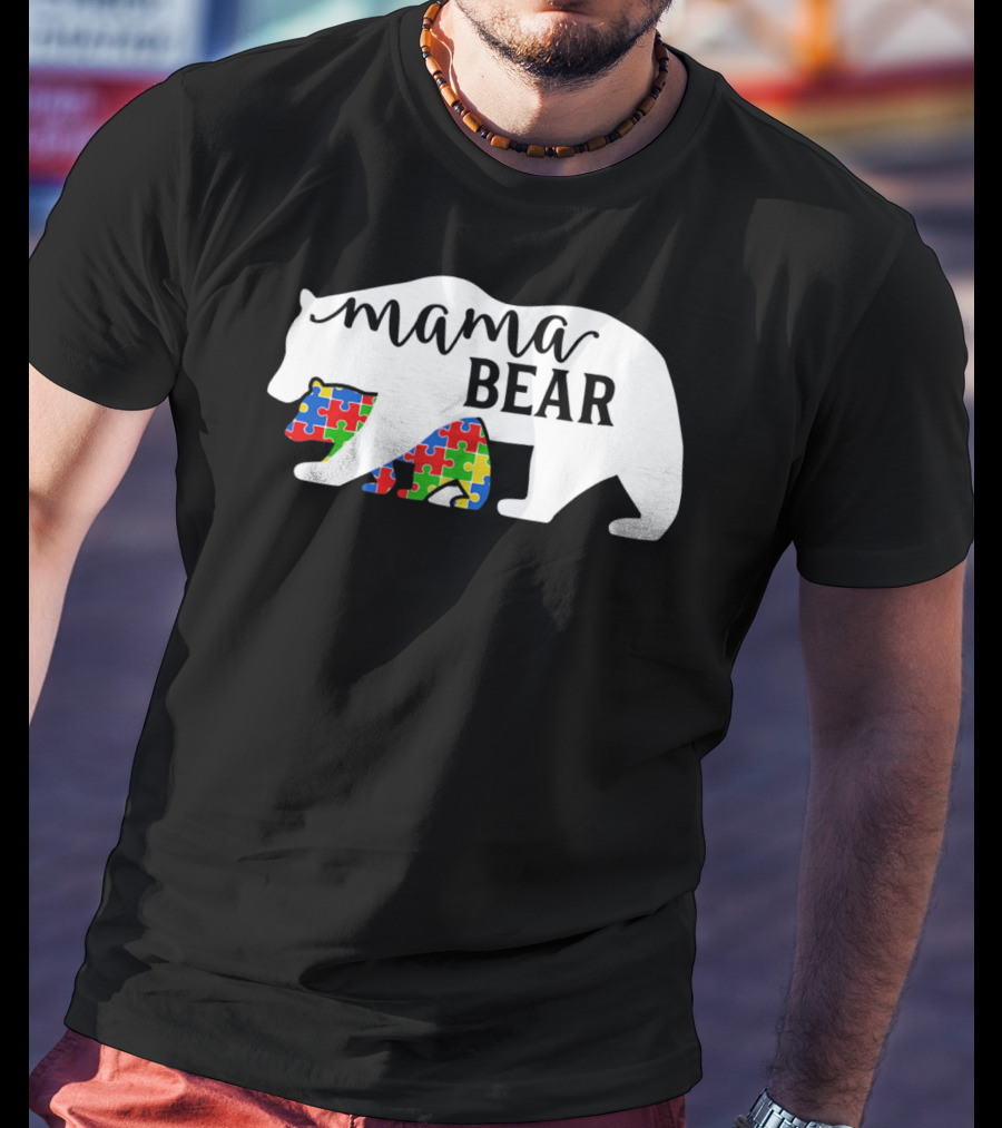 Mama Bear Autism Awareness Month Puzzle Silhouette Fam T-Shirt