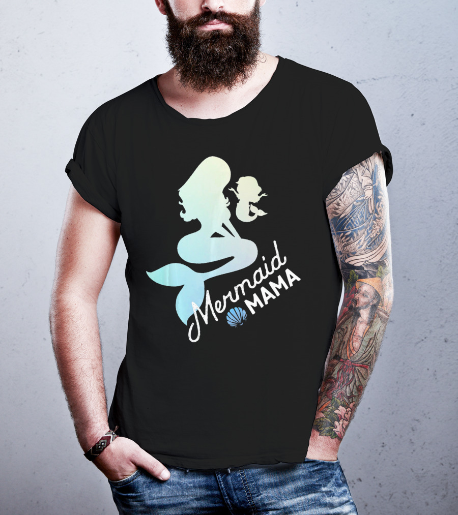 Mermaid Mama Sea Lover With Baby Silhouette And Shell T-Shirt