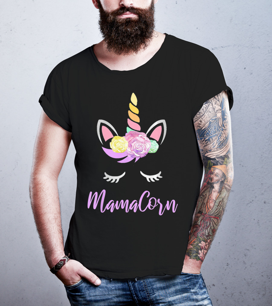 Mamacorn Unicorn Floral Roses Horn Ears And Lashes T-Shirt