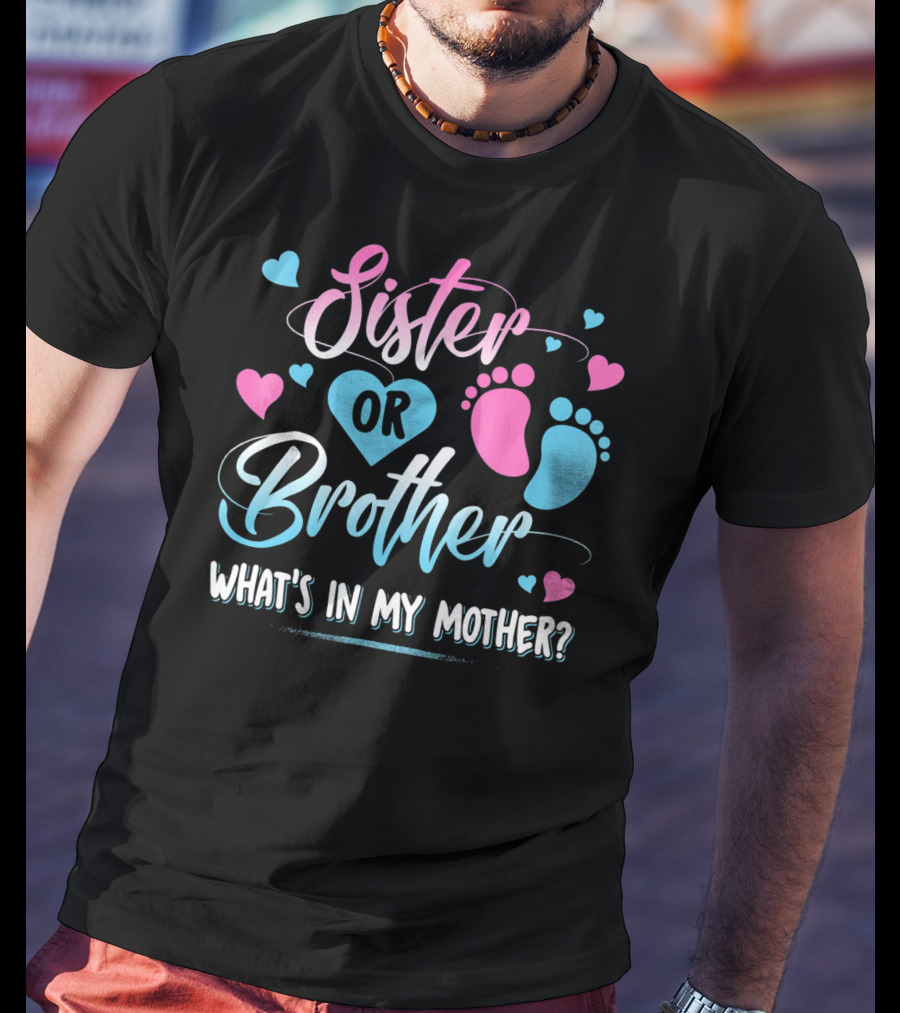 Sister Or Brother What's In My Mother Heart And Footprints Pink Blue Hearts T-Shirt