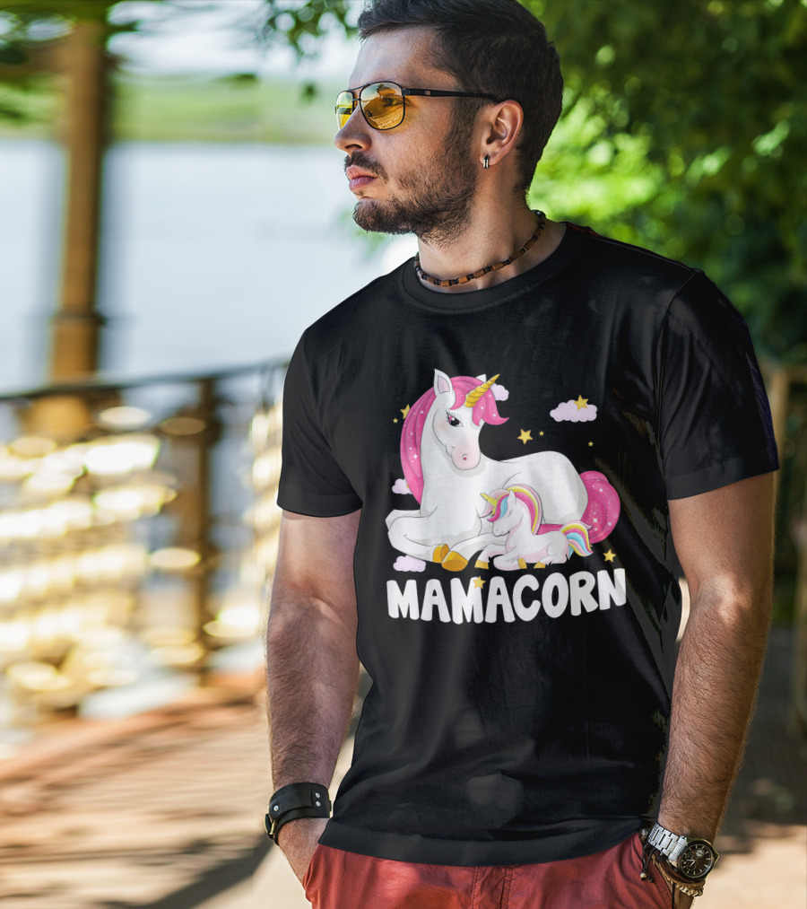 Mamacorn Unicorn New Mom Baby Momm With Stars And Clouds T-Shirt