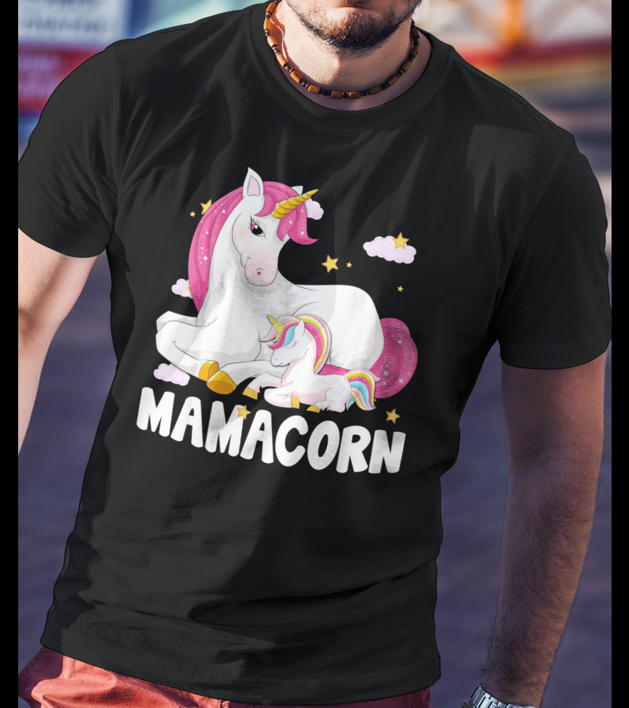 Mamacorn Unicorn New Mom Baby Momm With Stars And Clouds T-Shirt