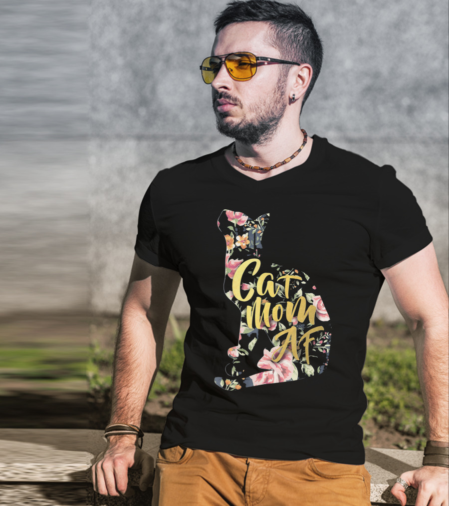 Cat Mom AF Floral Pattern Cat Shape T-Shirt